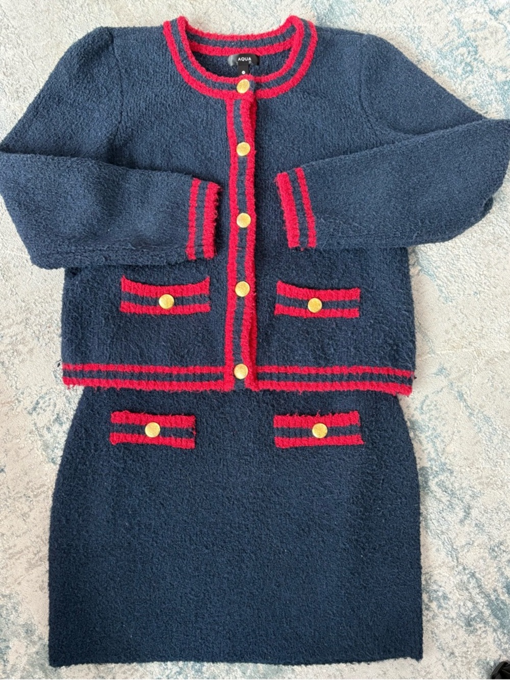 Aqua Navy Jacket with Red Trim and Gold Button